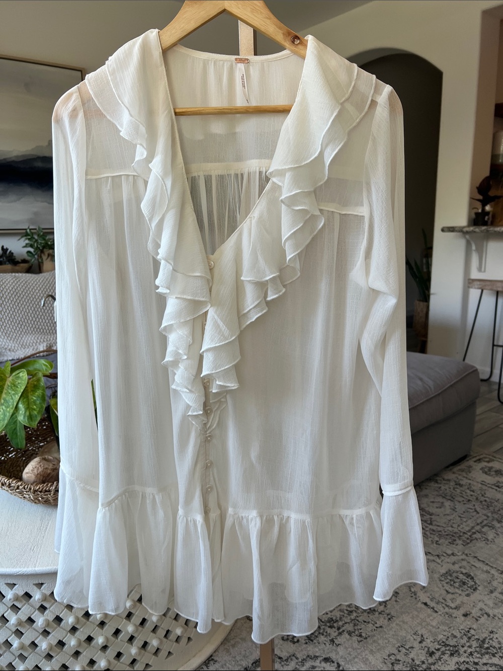 Free People Ivory Sheer Ruffled Blouse